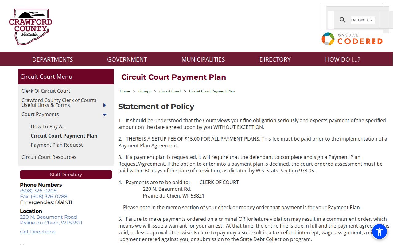 Crawford County traffic court payment plan requirements
