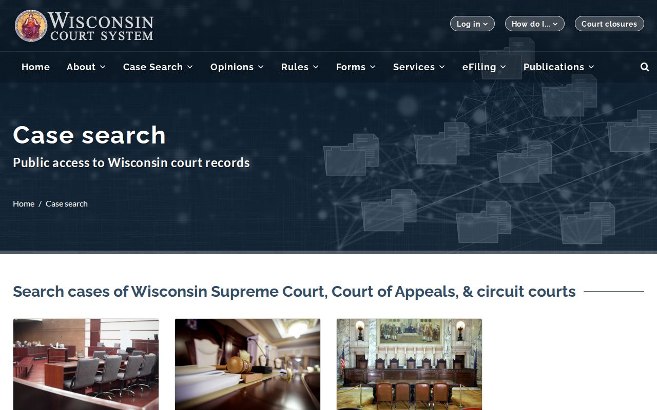 Wisconsin court case-search hub linking to circuit and appellate systems